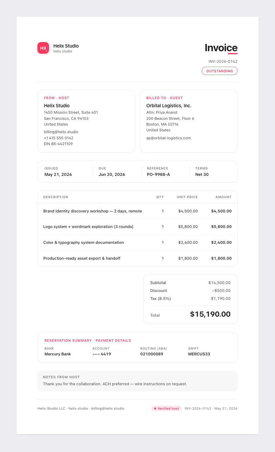 AirBnB invoice