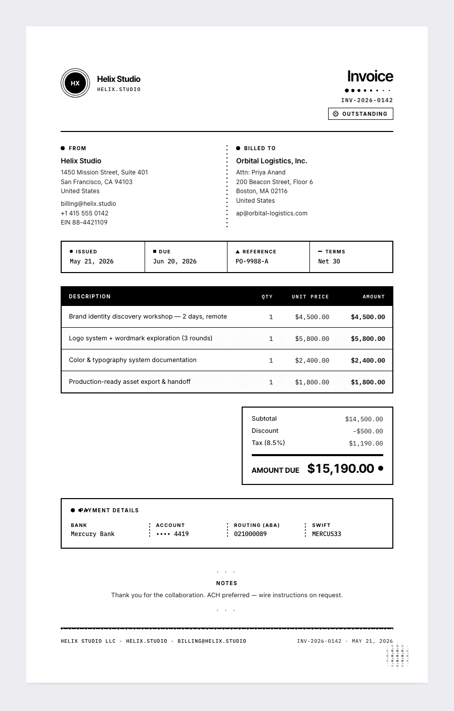 Bees & Bombs invoice