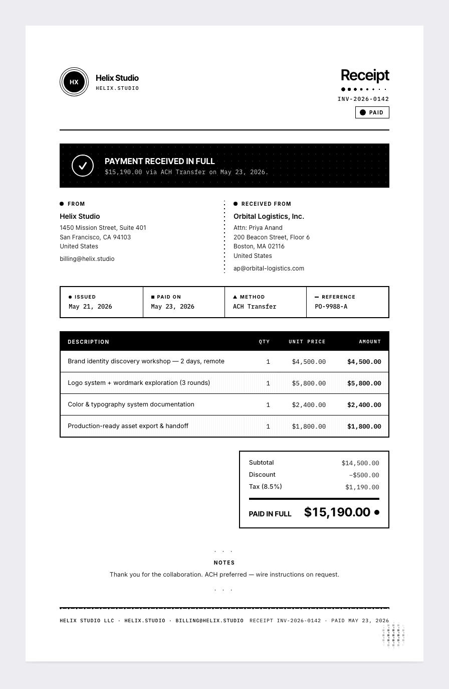 Bees & Bombs receipt