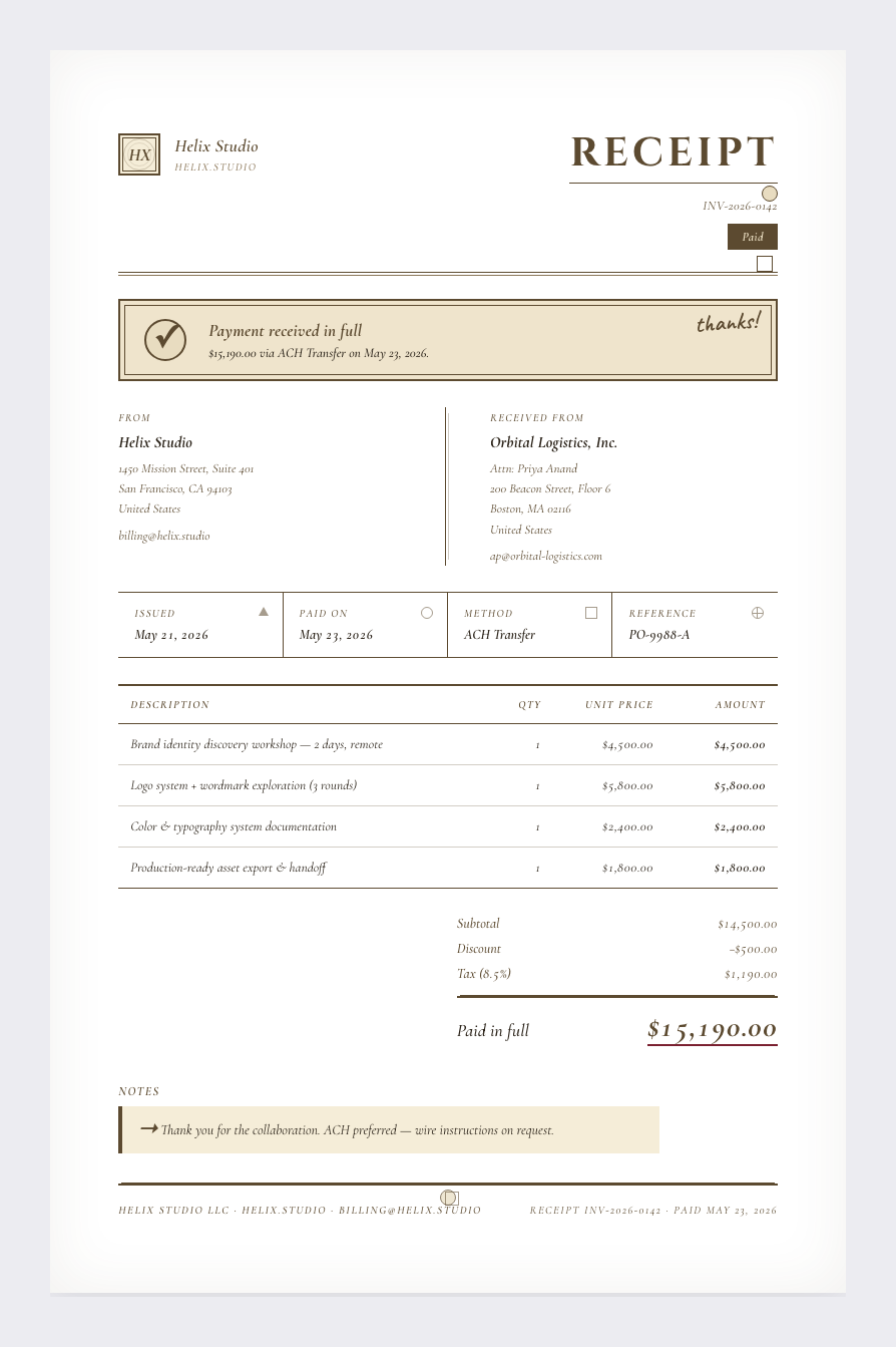 Da Vinci receipt