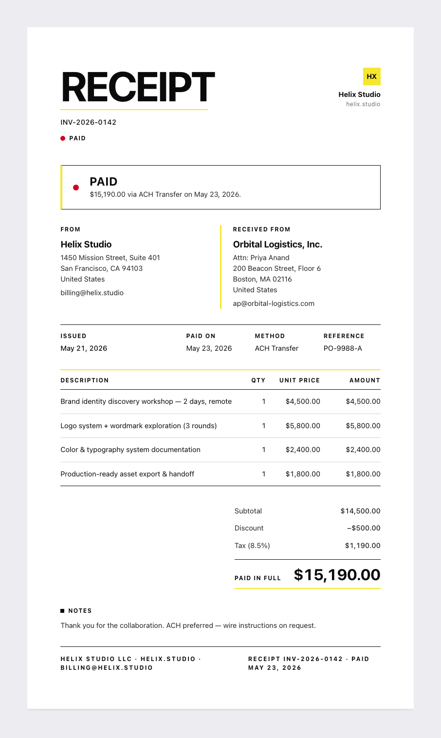 International Style receipt