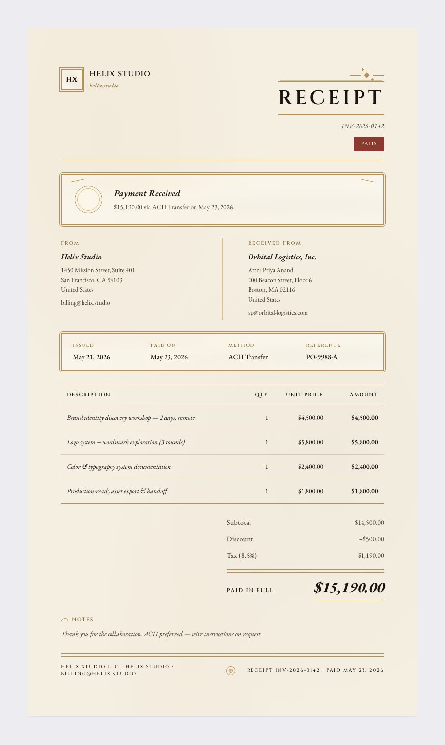 Michelangelo receipt