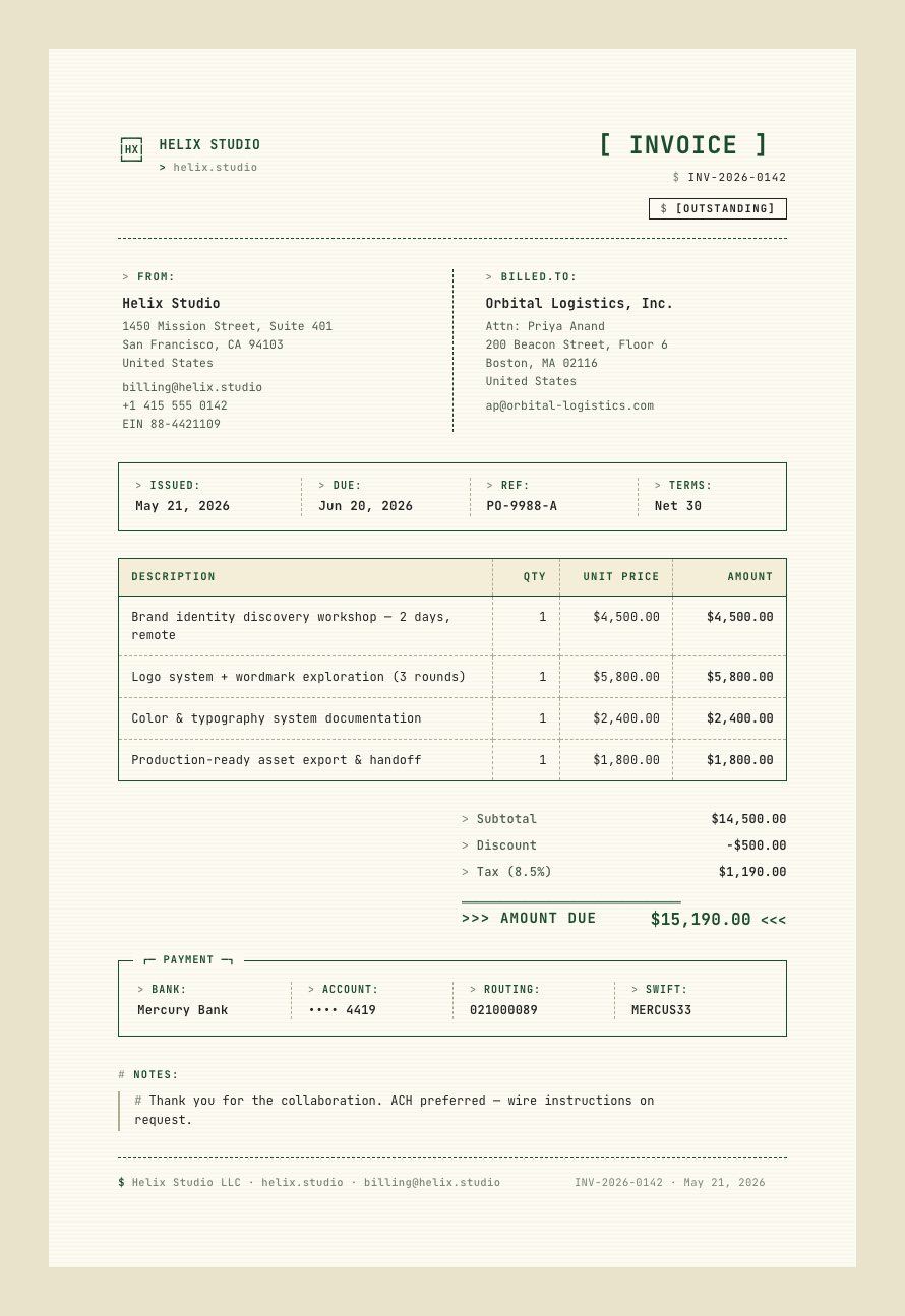 Monospace Terminal invoice