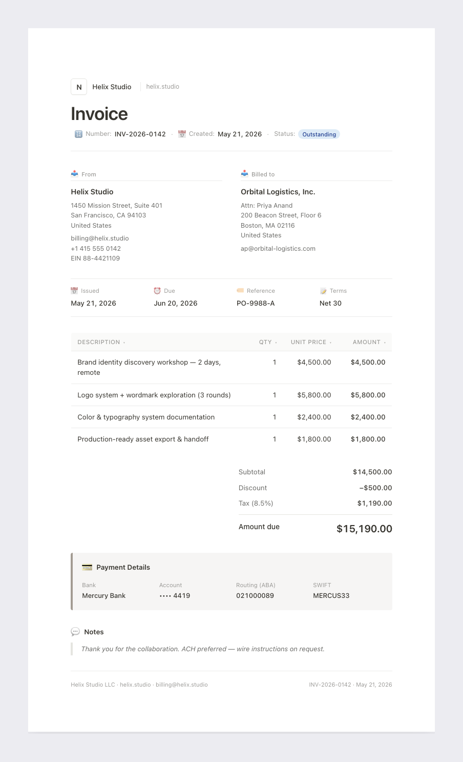 Notion invoice