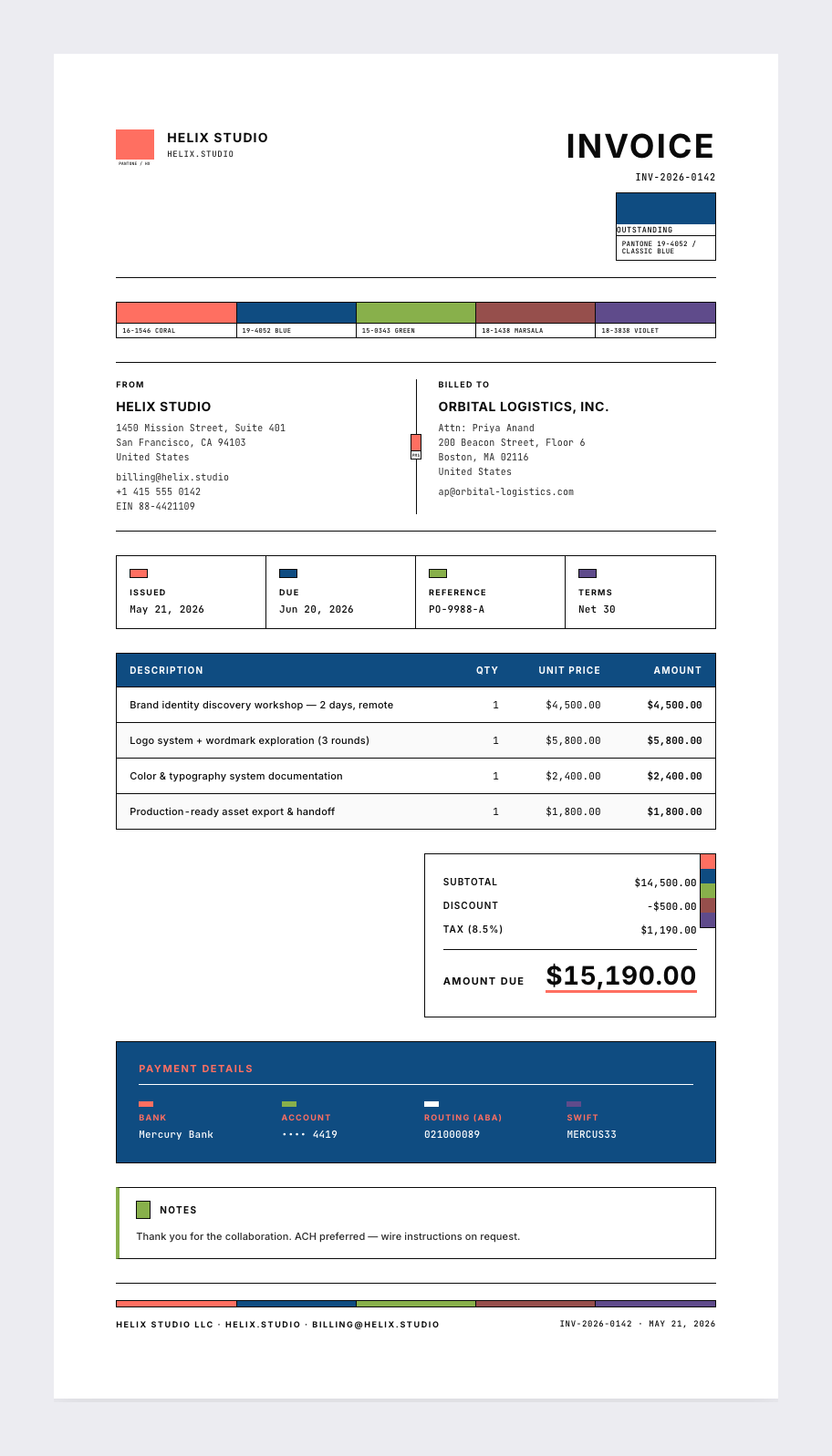 Pantone invoice