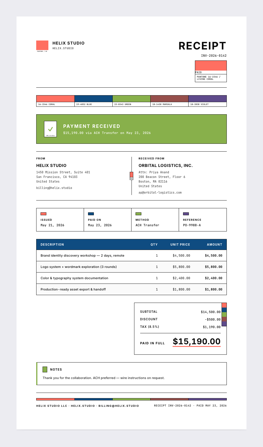 Pantone receipt