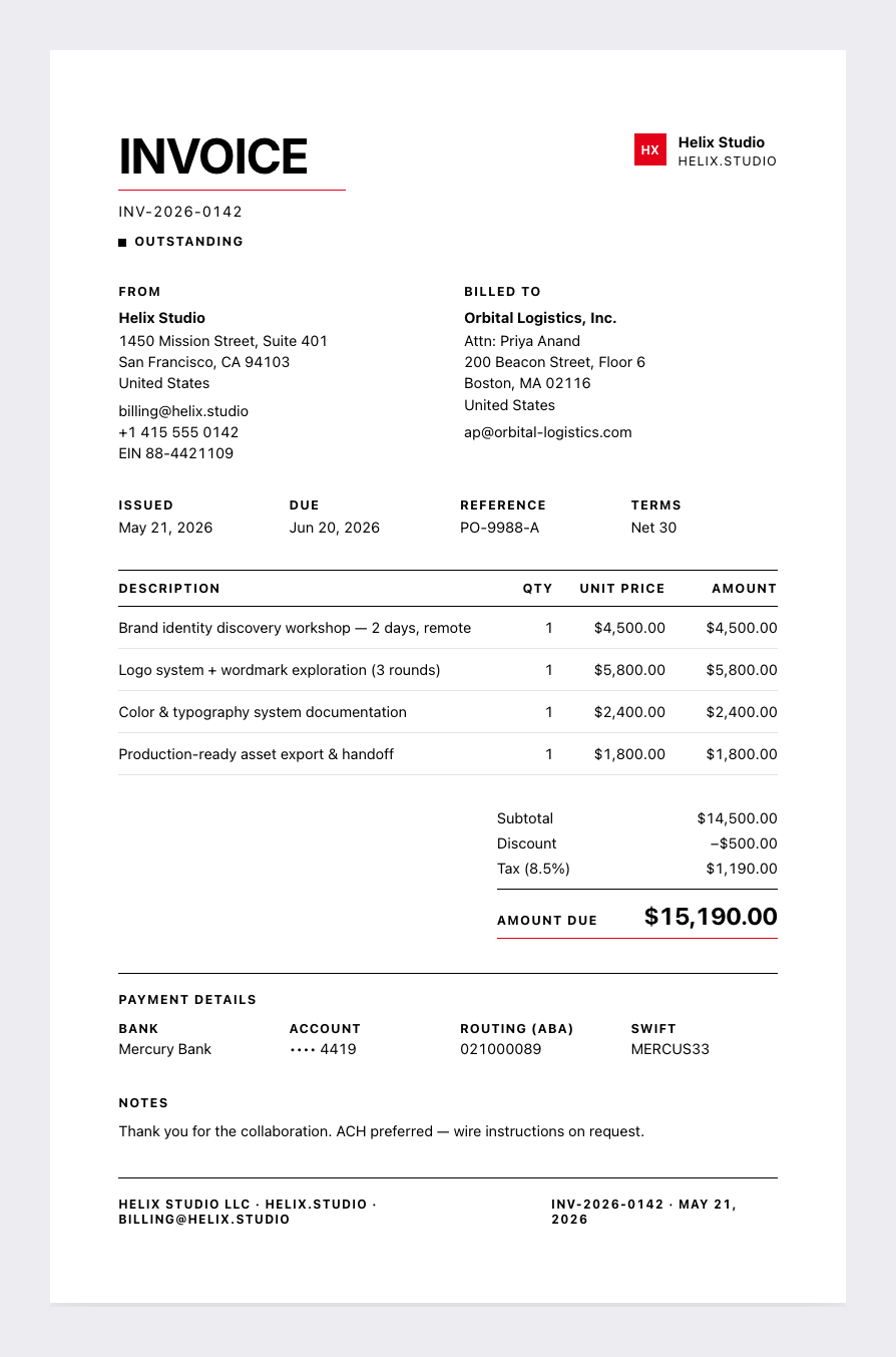 Swiss Design invoice