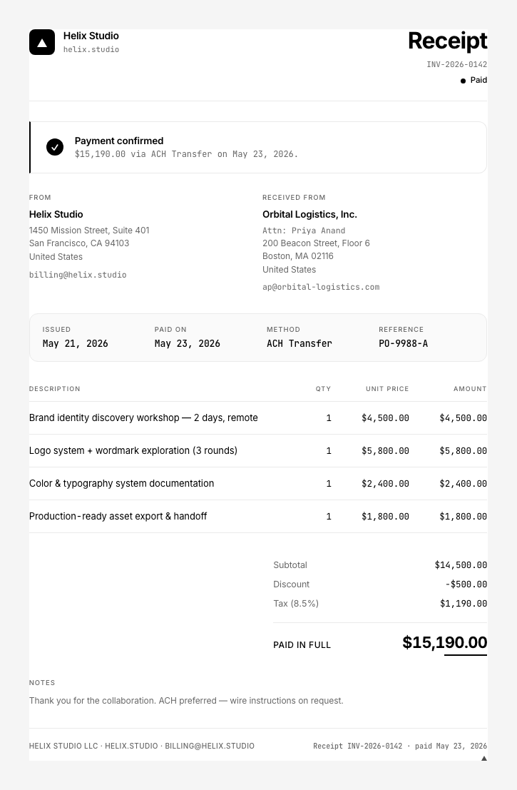 Vercel receipt